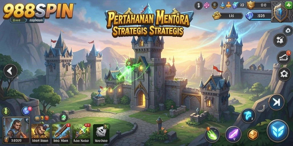 Screenshot gameplay <strong>988SPIN</strong> yang menunjukkan menara pertahanan dalam aksi.