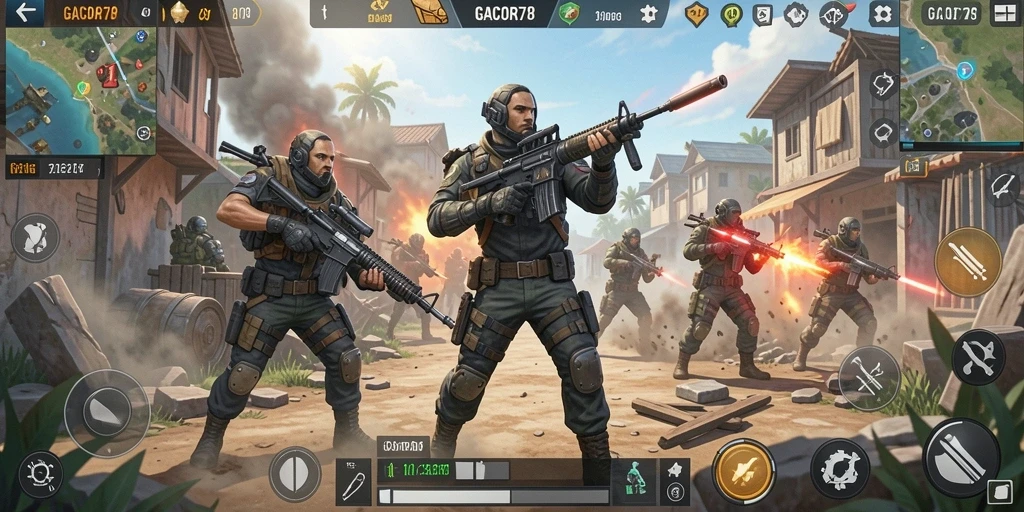 Tangkapan layar GACOR78 menampilkan aksi pertempuran yang seru di arena Battle Royale.