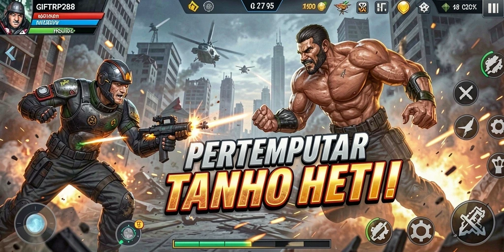 Screenshot utama GIFTRP288 menampilkan aksi pertempuran yang intens.