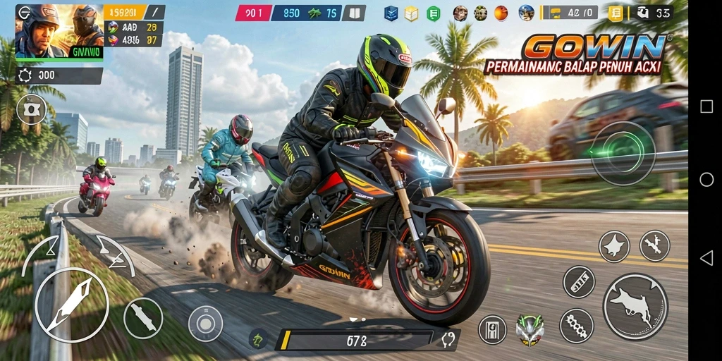 Tangkapan layar utama GOWIN menampilkan aksi balap motor yang mendebarkan.