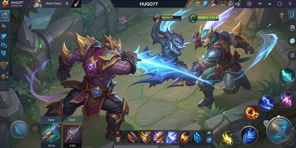 Tampilan gameplay HUGO77 dengan aksi pertarungan epik.
