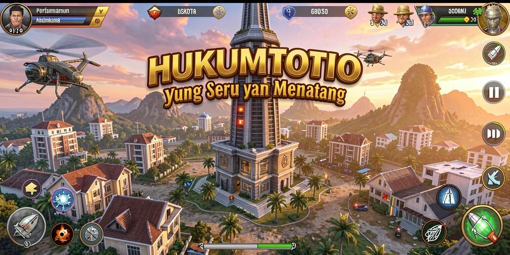 Screenshot dari HUKUMTOTO menampilkan aksi menara pertahanan berjuang melawan gelombang musuh.