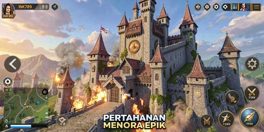 Tangkapan layar INK789 menampilkan aksi seru pertahanan menara.