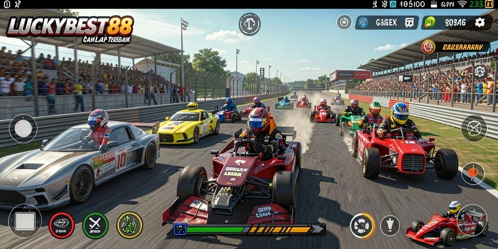 Screenshot gameplay LUCKYBEST88 menampilkan aksi balapan yang seru dan mendebarkan.