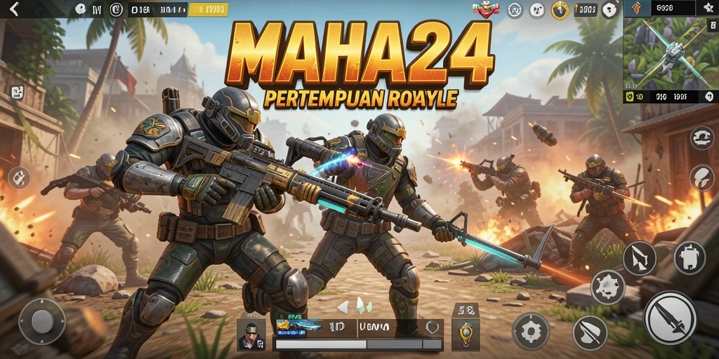 Screenshot utama MAHA24 menampilkan aksi seru dalam pertempuran Battle Royale.