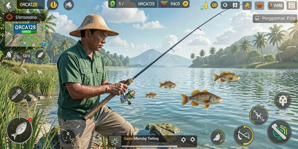 Screenshot gameplay ORCA128 menunjukkan aksi memancing yang mendebarkan.