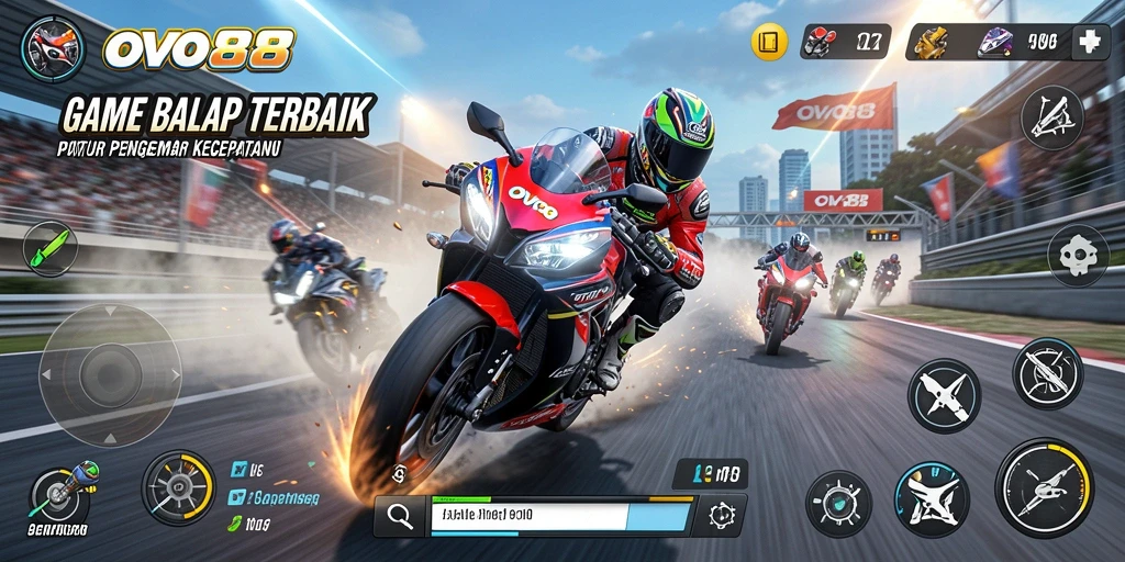 Tangkapan layar OVO88 menampilkan aksi balapan motor yang mendebarkan.