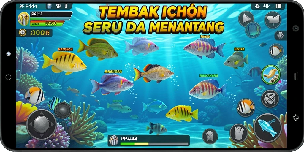 Tangkapan layar PP444 menunjukkan aksi seru dalam Tembak Ikan.