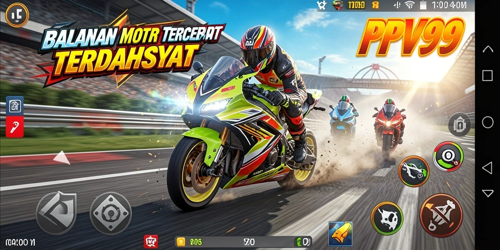 Screenshot gameplay PPV99 yang menampilkan aksi balapan motor yang menegangkan.