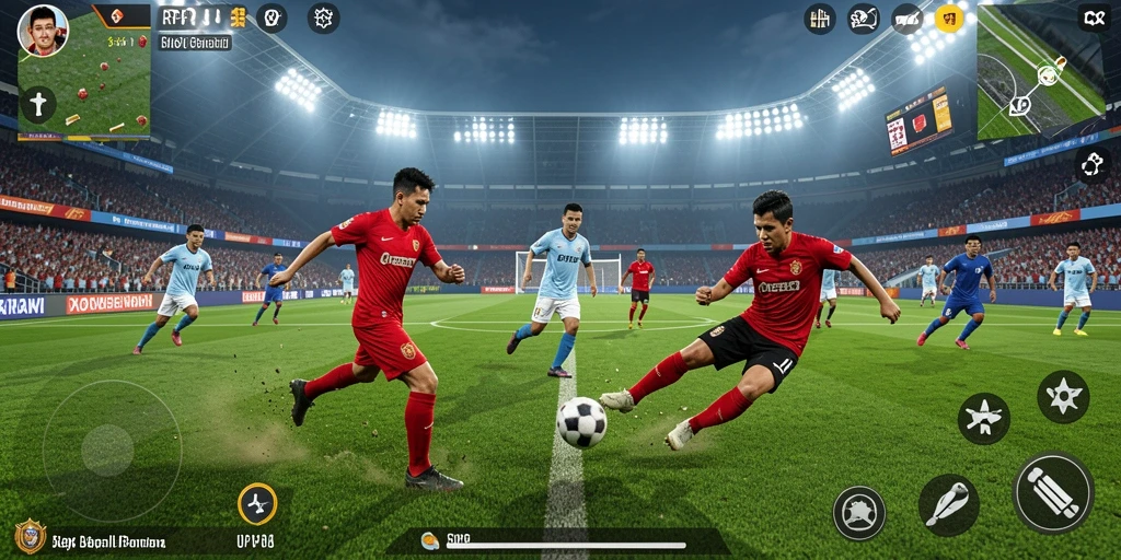 Tangkapan layar utama RP8 menampilkan aksi seru di lapangan sepak bola.