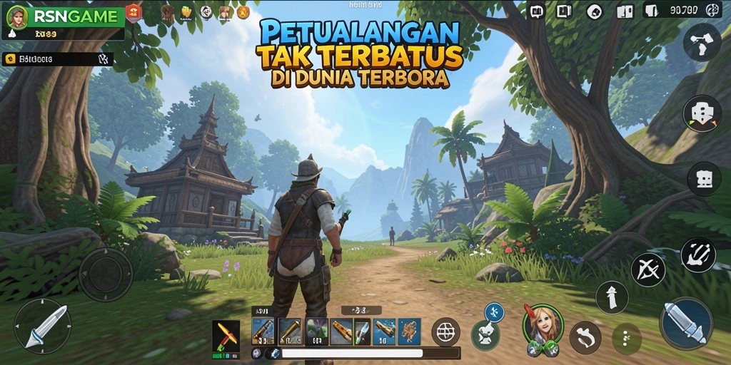 Screenshot gameplay RSNGAME menampilkan dunia terbuka yang luas.